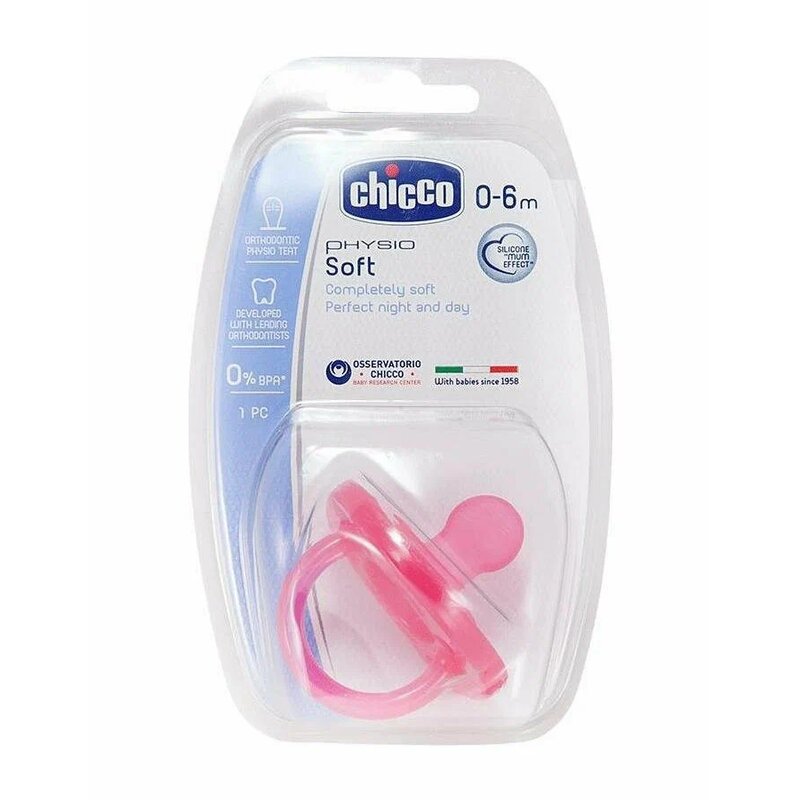 Chicco соска-пустышка Physio Soft силикон 0-6мес розовая/прозрачная 2 шт.