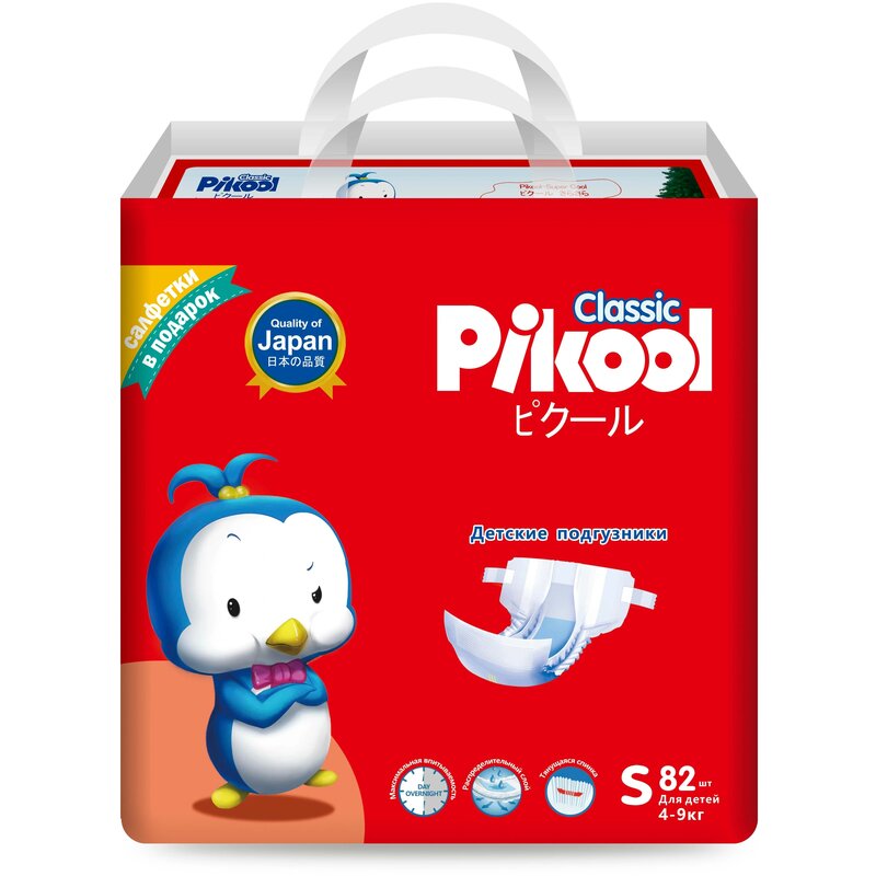 Подгузники детские Pikool Classic S 4-9 кг 82 шт. + подарок салфетки 80 шт.