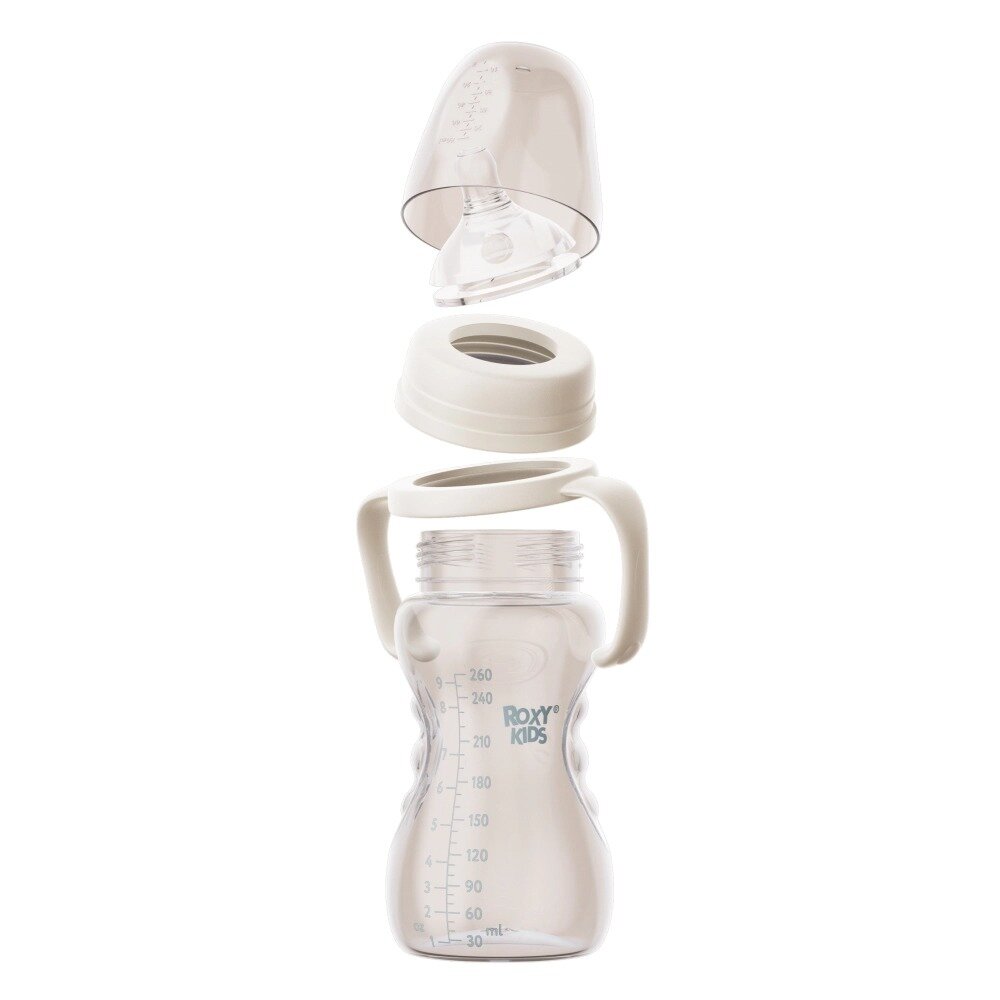 Бутылочка для кормления Roxy-kids с широким горлом и ручками силиконовая соска размер L 6+ кокосовый 260 мл
