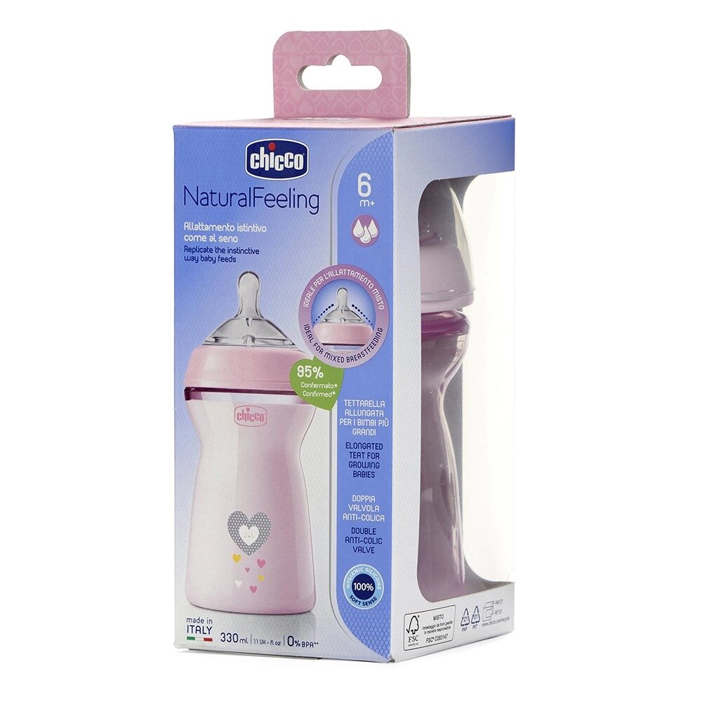 Бутылочка Chicco natural feeling 6мес.+ с силиконовой соской с флексорами розовая 330 мл