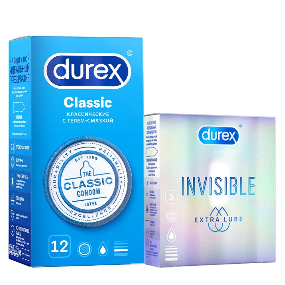 Durex презервативы классик 12 шт. +invisible extra lube 3 шт.