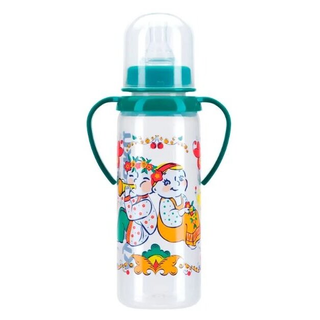 Бутылочка для кормления Курносики арт.11113 с ручками и силиконовой соской молочной 250 мл