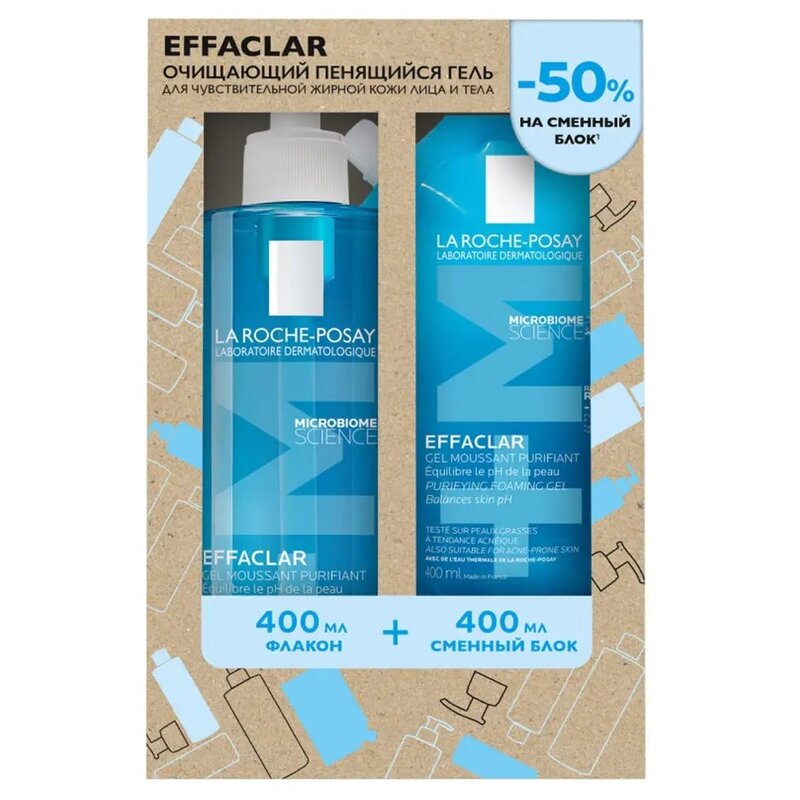 Набор La Roche-Posay Effaclar: гель очищающий пенящийся 400 мл + гель рефил сменный блок 400 мл