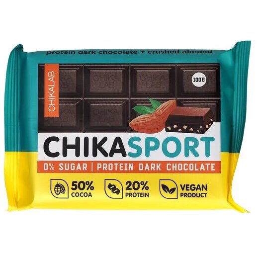 Шоколад темный протеиновый без сахара Chikalab chikasport с дробленым миндалем 100 г