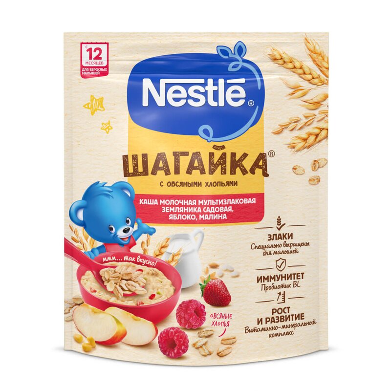 Каша молочная с 12 мес. Нестле (Nestle) шагайка дой-пак 5 злаков/земляника/малина/яблоко/бифидобактрии 190 г