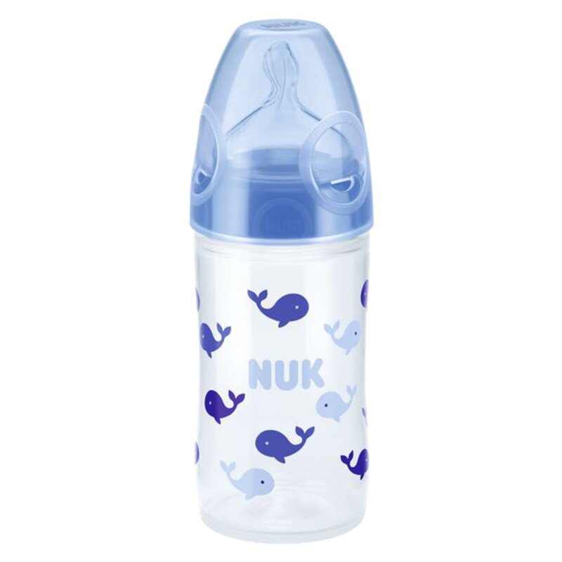 Nuk New Classic бутылочка с силиконовой соской со средним отверстием 0-6 мес. Голубые киты 150 мл