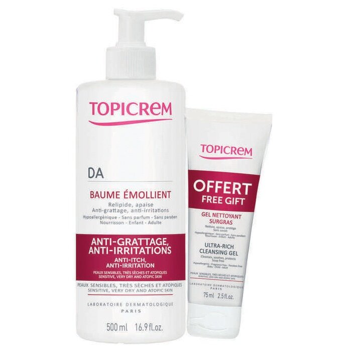 Набор Топикрем (Topicrem) АД: Бальзам липидовосстанавливающий 500 мл+Topicrem АД Гель ультра риш очищающий 75 мл