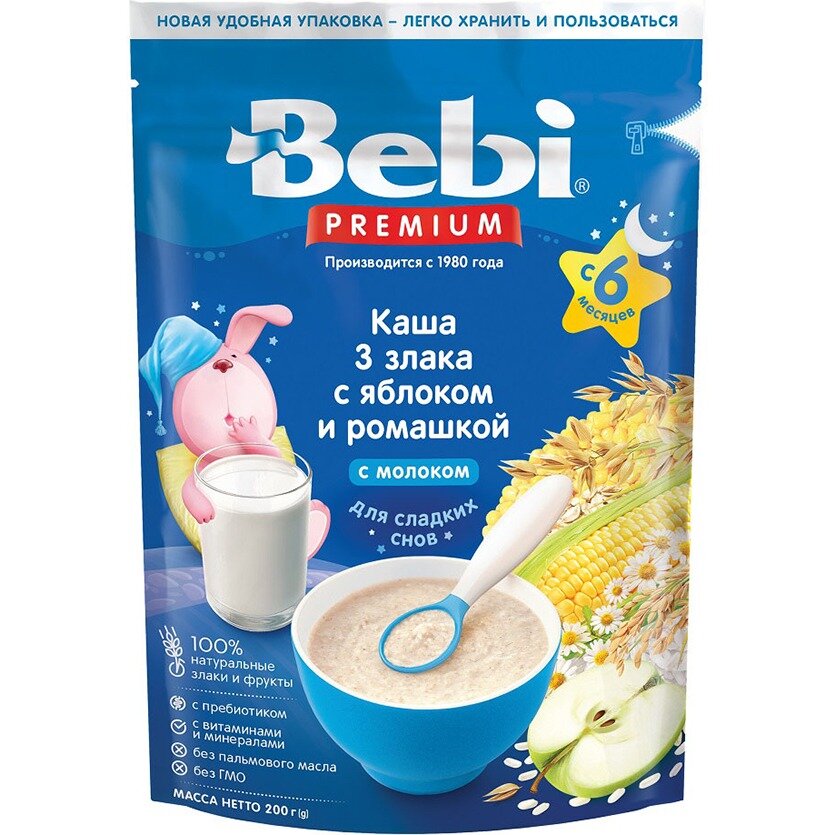 Каша молочная Bebi Premium для сладких снов 3 злака яблоко/ромашка 200 г