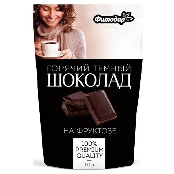 Фитодар какао-напиток горячий шоколад темный на фруктозе 170г дой-пак