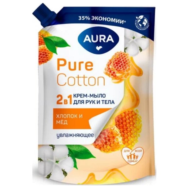 Крем-мыло для рук и тела 2в1 Aura pure cotton хлопок и мед дой-пак 450 мл
