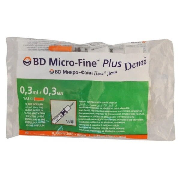 Шприц BD micro-fine+ инсулиновый 0,3 мл Деми U-100 0,3 мл 0,3x8 мм 10 шт.