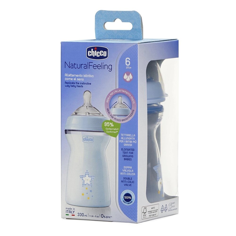 Бутылочка с силиконовой соской с флексорами голубая от 6 мес. Natural Feeling Chicco/Чикко 330мл