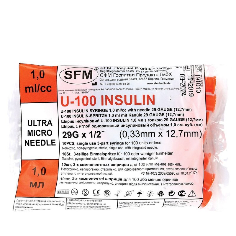 Инсулиновый шприц SFM 1 мл u-100 29g 0,33х12,7 мм 10 шт.