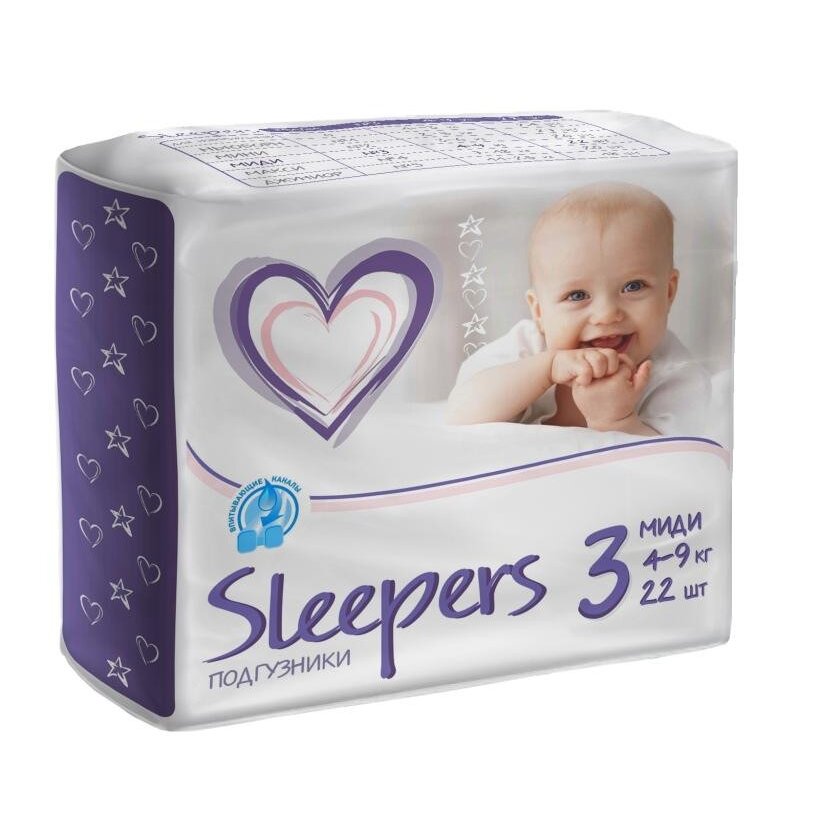 Подгузники миди Sleepers (3) 4-9 кг 22 шт.