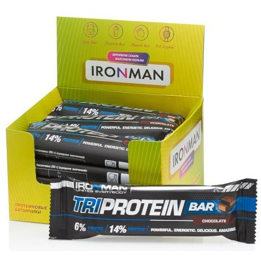Батончик протеиновый шоколад в темной глазури TRI Protein Bar Ironman 50 г 12 шт.