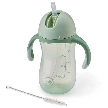 Поильник Happy baby 12 мес+ с трубочкой и ручками оливковый feeding cup 2.0 260 мл