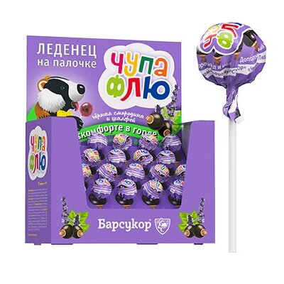 Леденец на палочке Барсукор Чупа Флю с 3х лет при дискомфорте в горле Черная смородина 1 шт.
