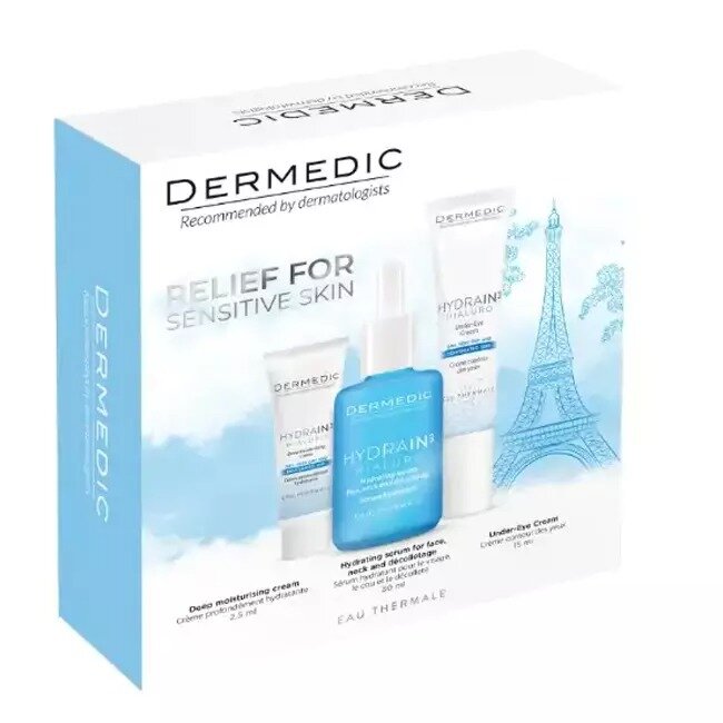 Набор Dermedic Hydrain-3 Hialuro: сыворотка 30 мл + крем для контура глаз 15 мл + глубоко увлажняющий дневной крем SPF 15 2,5 мл