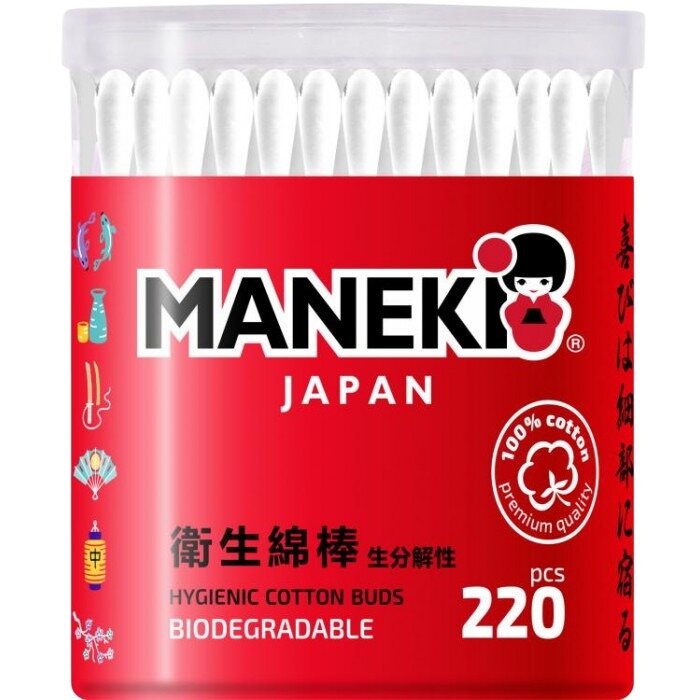 Ватные палочки Maneki Red банка 220 шт.