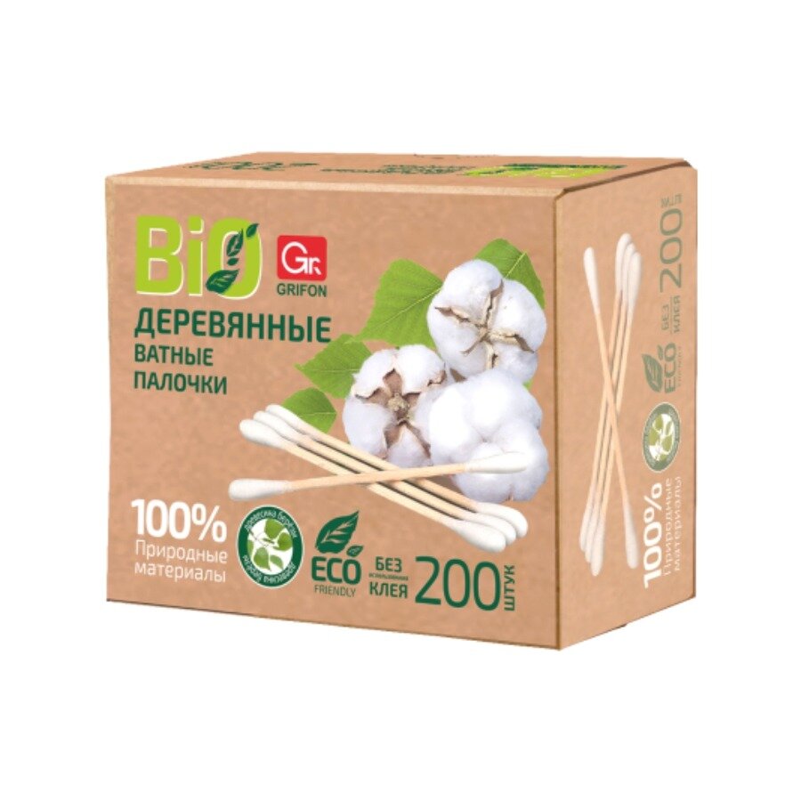 Ватные палочки BIO Grifon деревянные 200 шт.