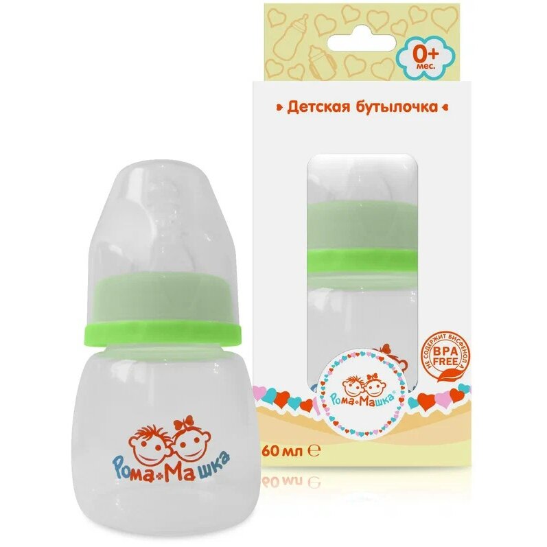 Бутылочка Рома+Машка полипропил/соска силик/станд горл 60 мл зеленая