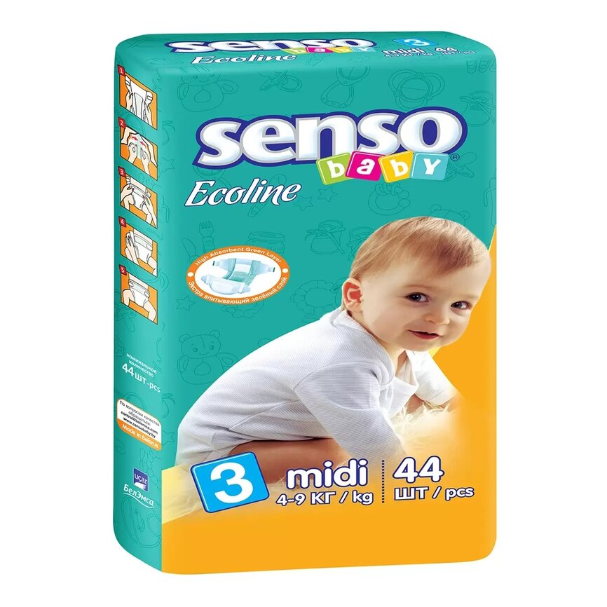 Подгузники для детей с кремом-бальзамом Midi Baby Senso/Сенсо 4-9 кг 44 шт. р.3