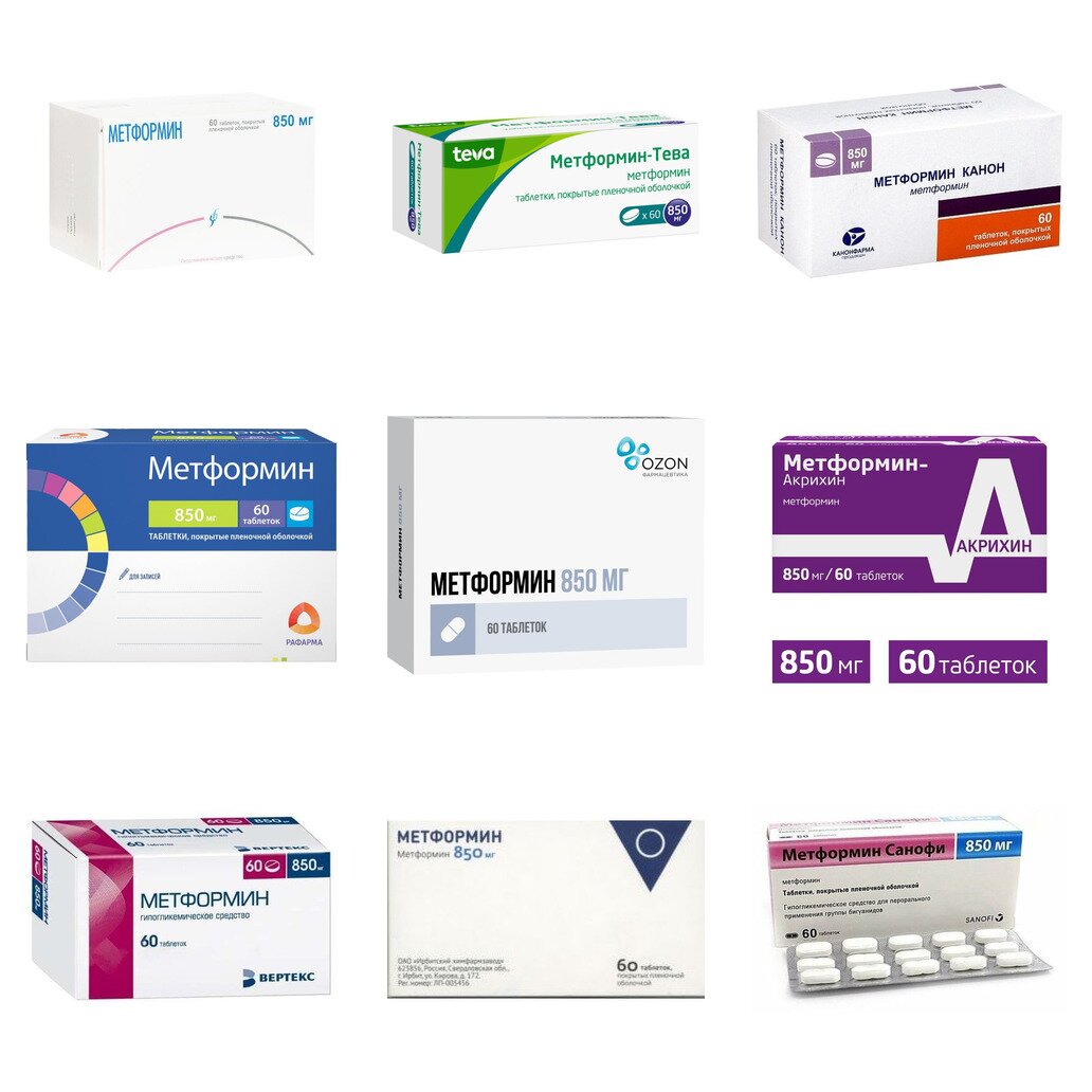 Метформин таблетки 850 мг 60 шт. (любой производитель)