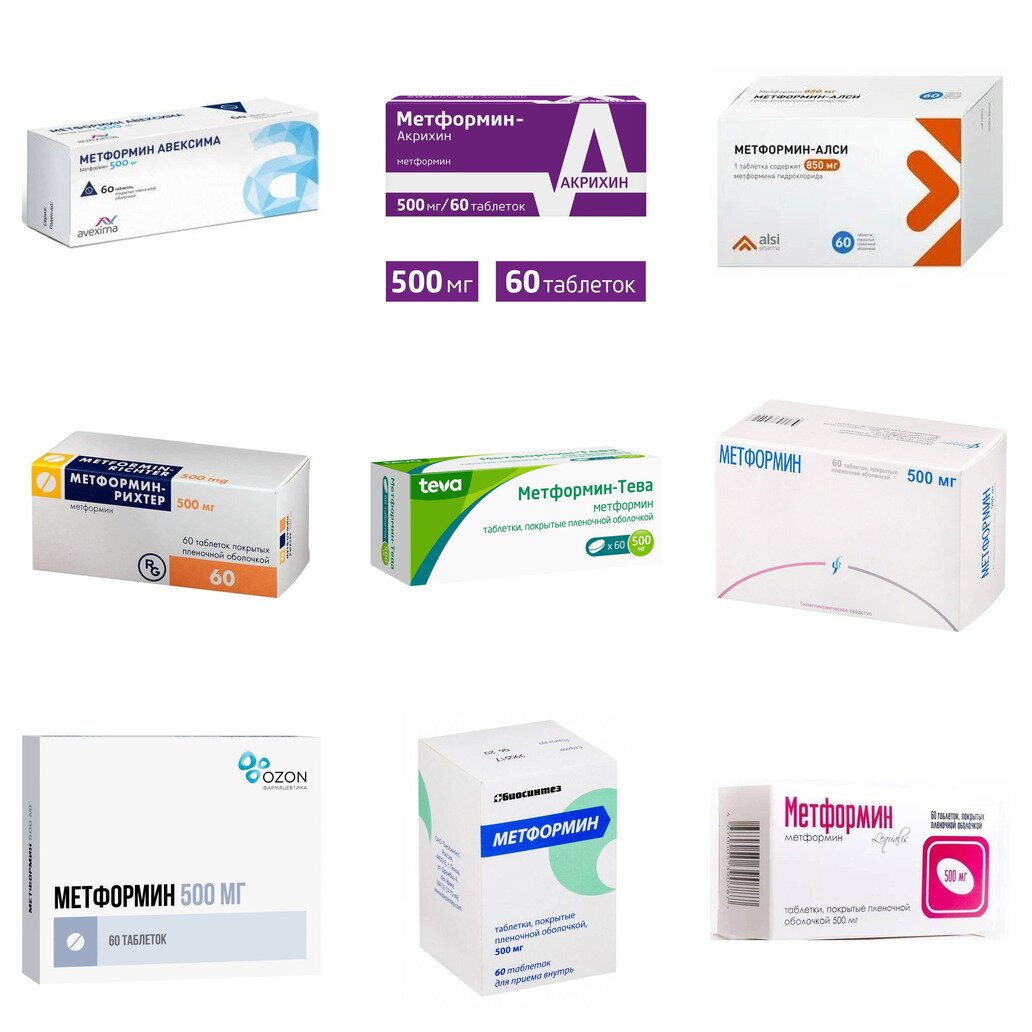 Метформин таблетки 500 мг 60 шт. (любой производитель)