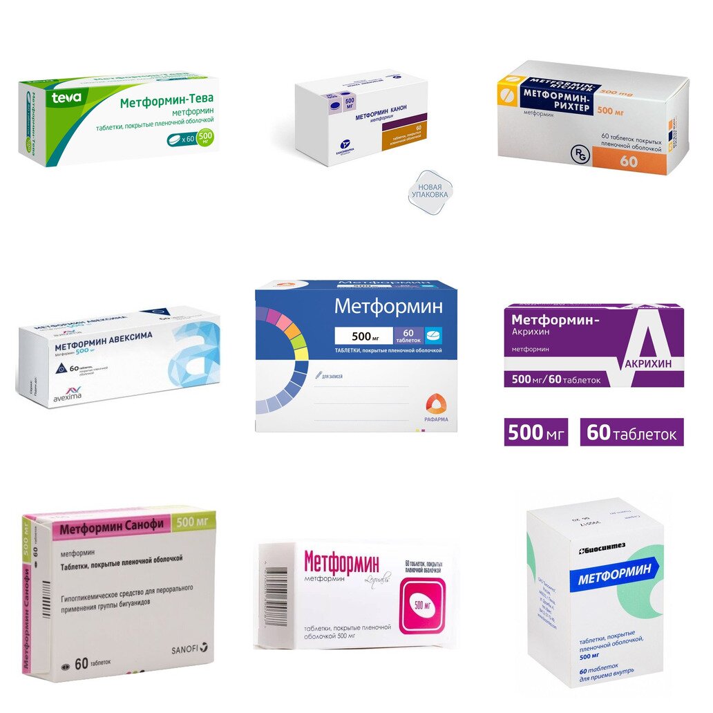 Метформин таблетки 500 мг 60 шт. (любой производитель)