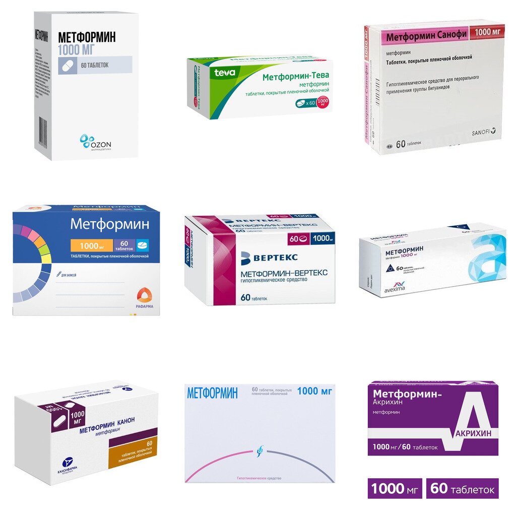 Метформин таблетки 1000 мг 60 шт. (любой производитель)