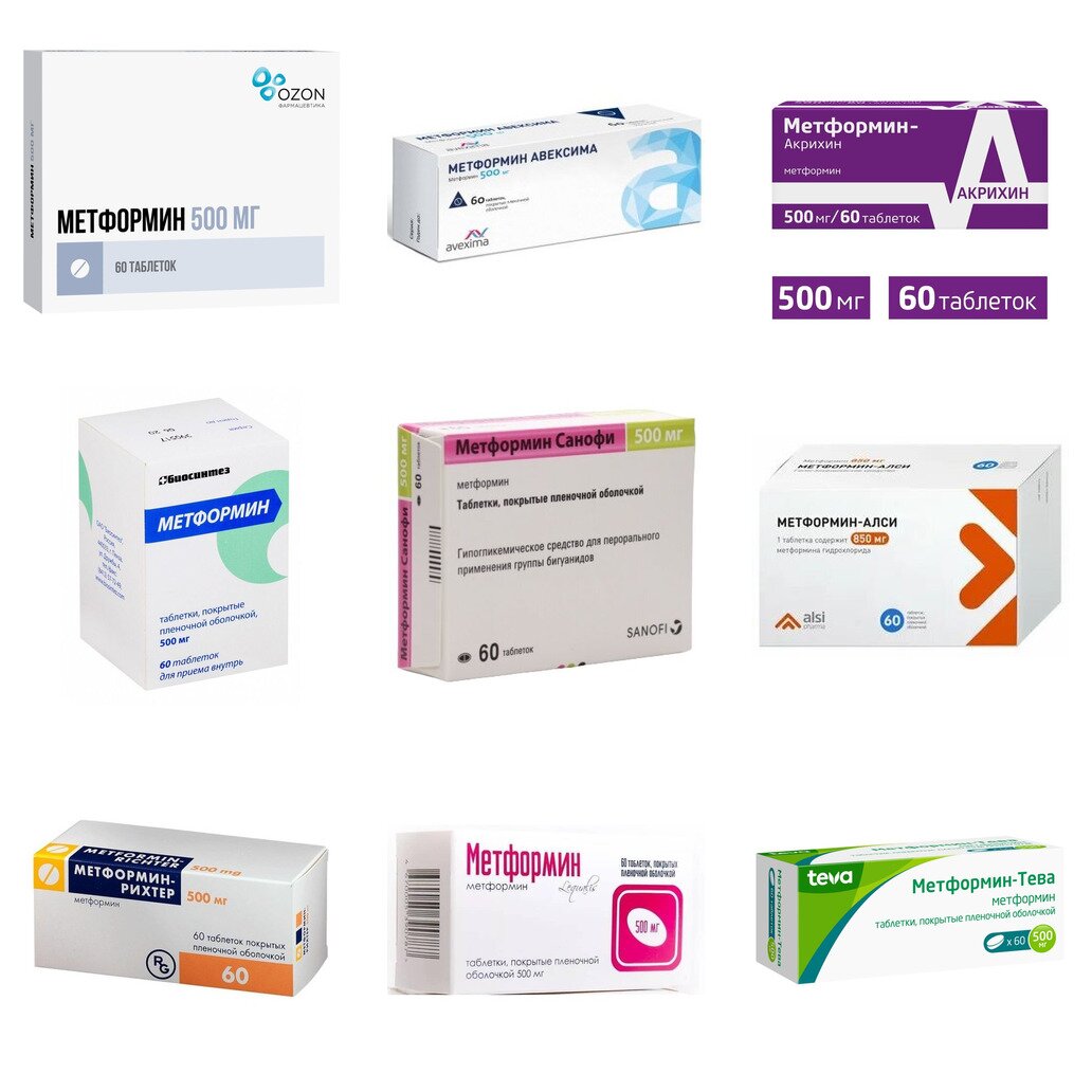Метформин таблетки 500 мг 60 шт. (любой производитель)