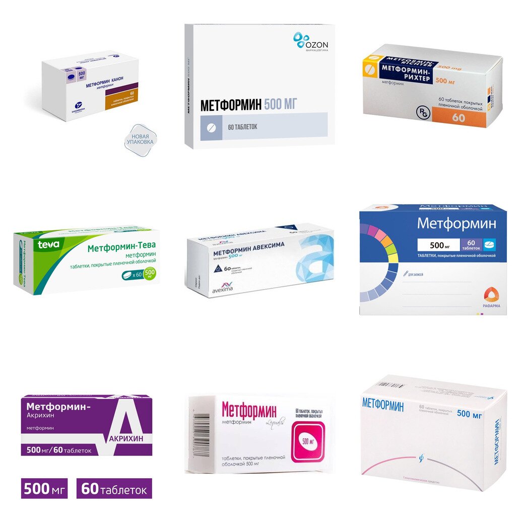 Метформин таблетки 500 мг 60 шт. (любой производитель)