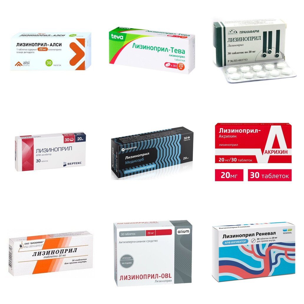 Лизиноприл таблетки 20 мг 30 шт. (любой производитель)