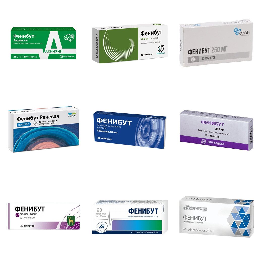 Фенибут таблетки 250 мг 20 шт. (любой производитель)