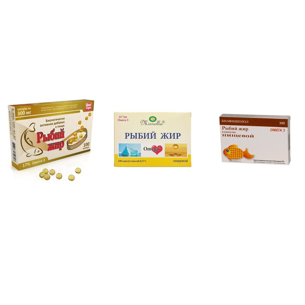 Рыбий жир пищевой капсулы 100 шт. (любой производитель)