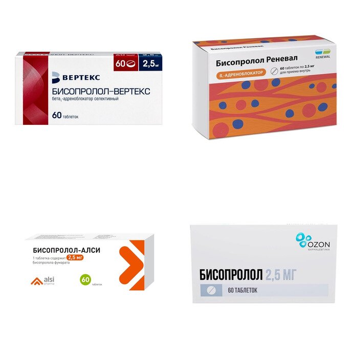 Бисопролол таблетки 2,5 мг 60 шт. (любой производитель)