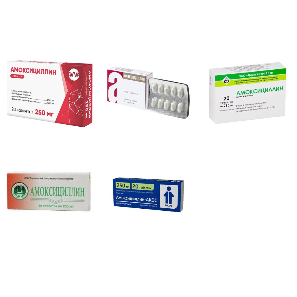 Амоксициллин таблетки 250 мг 20 шт. (любой производитель)