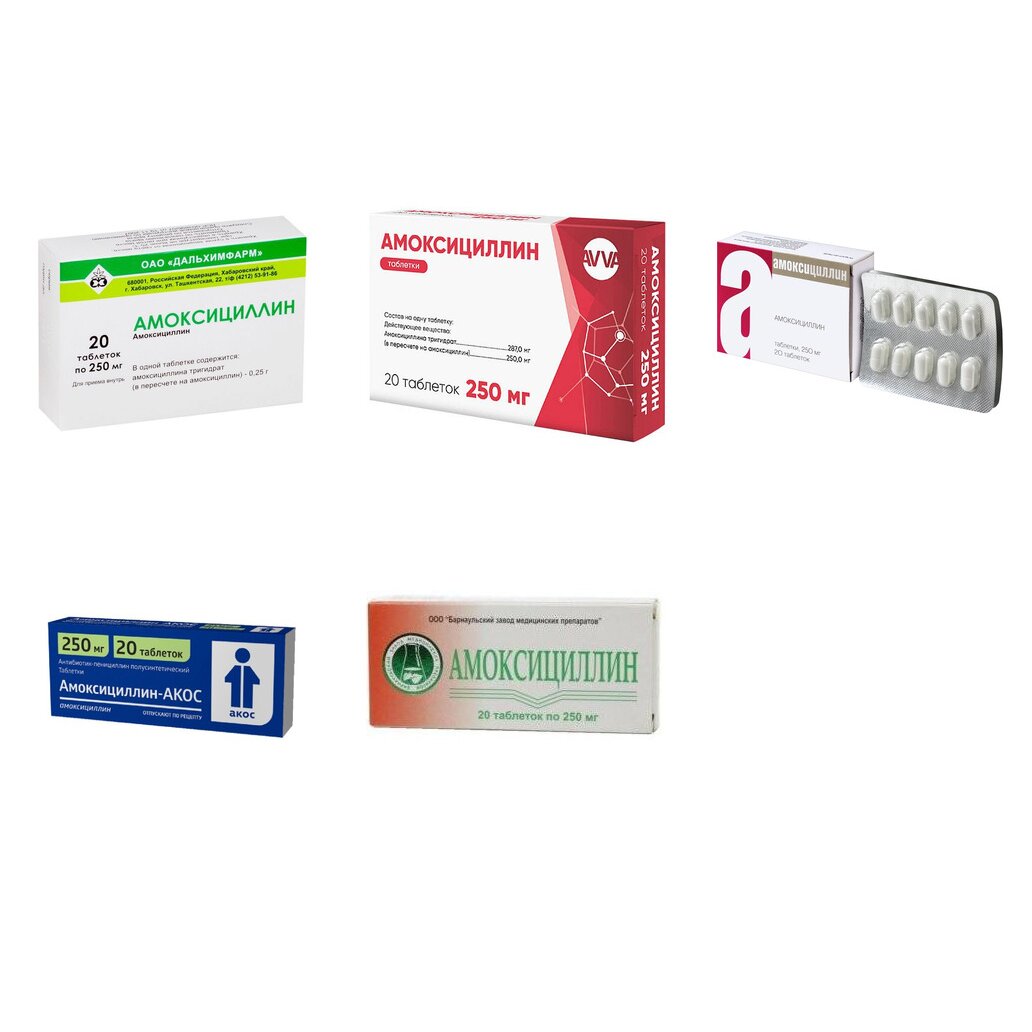 Амоксициллин таблетки 250 мг 20 шт. (любой производитель)