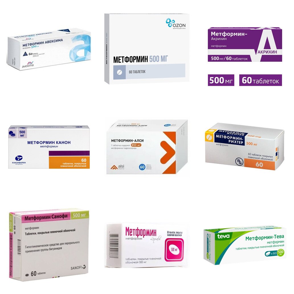 Метформин таблетки 500 мг 60 шт. (любой производитель)
