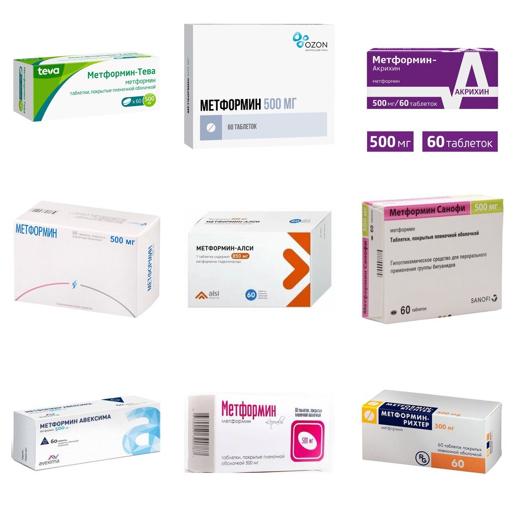 Метформин таблетки 500 мг 60 шт. (любой производитель)