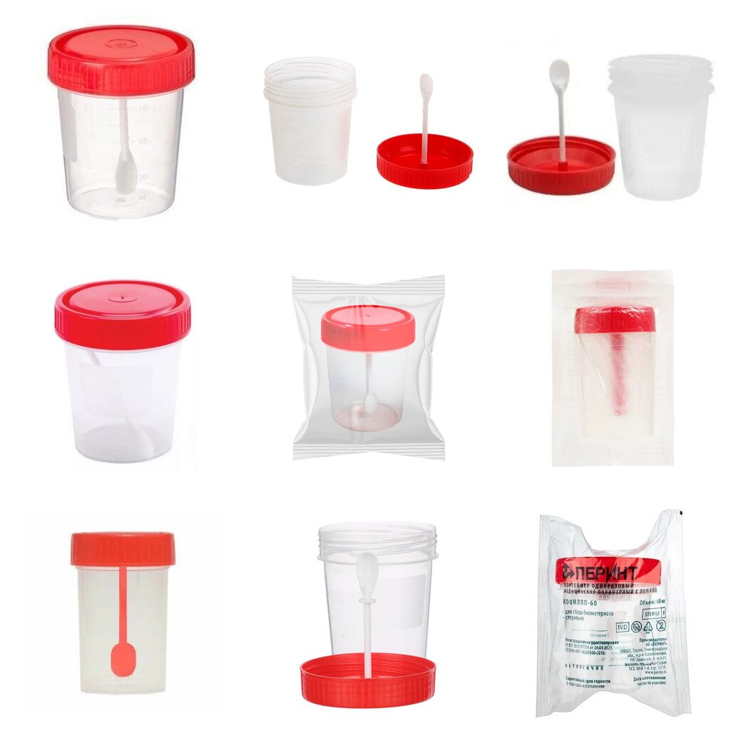 Контейнер для биоматериалов стерильный с ложкой 60 мл (любой производитель)