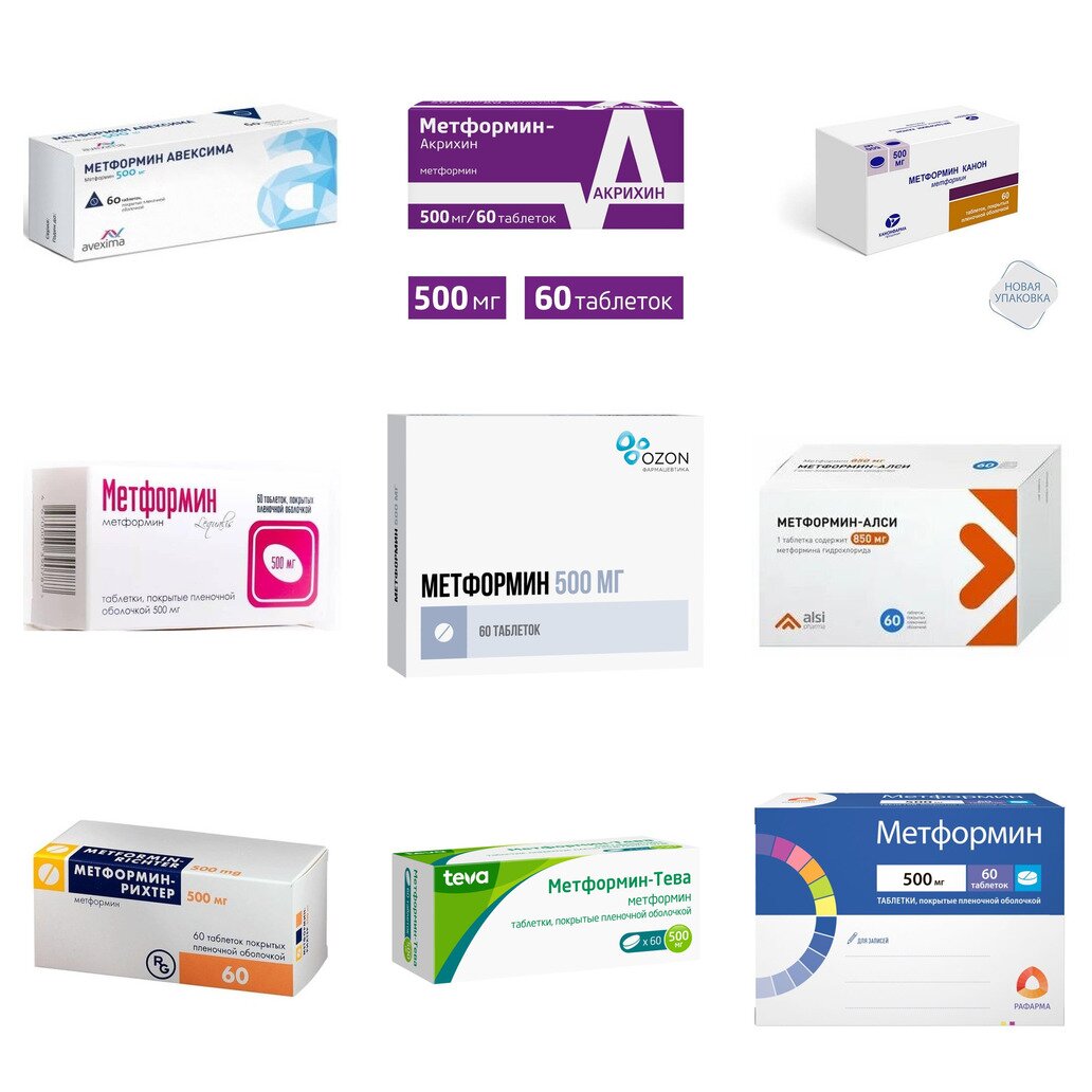 Метформин таблетки 500 мг 60 шт. (любой производитель)