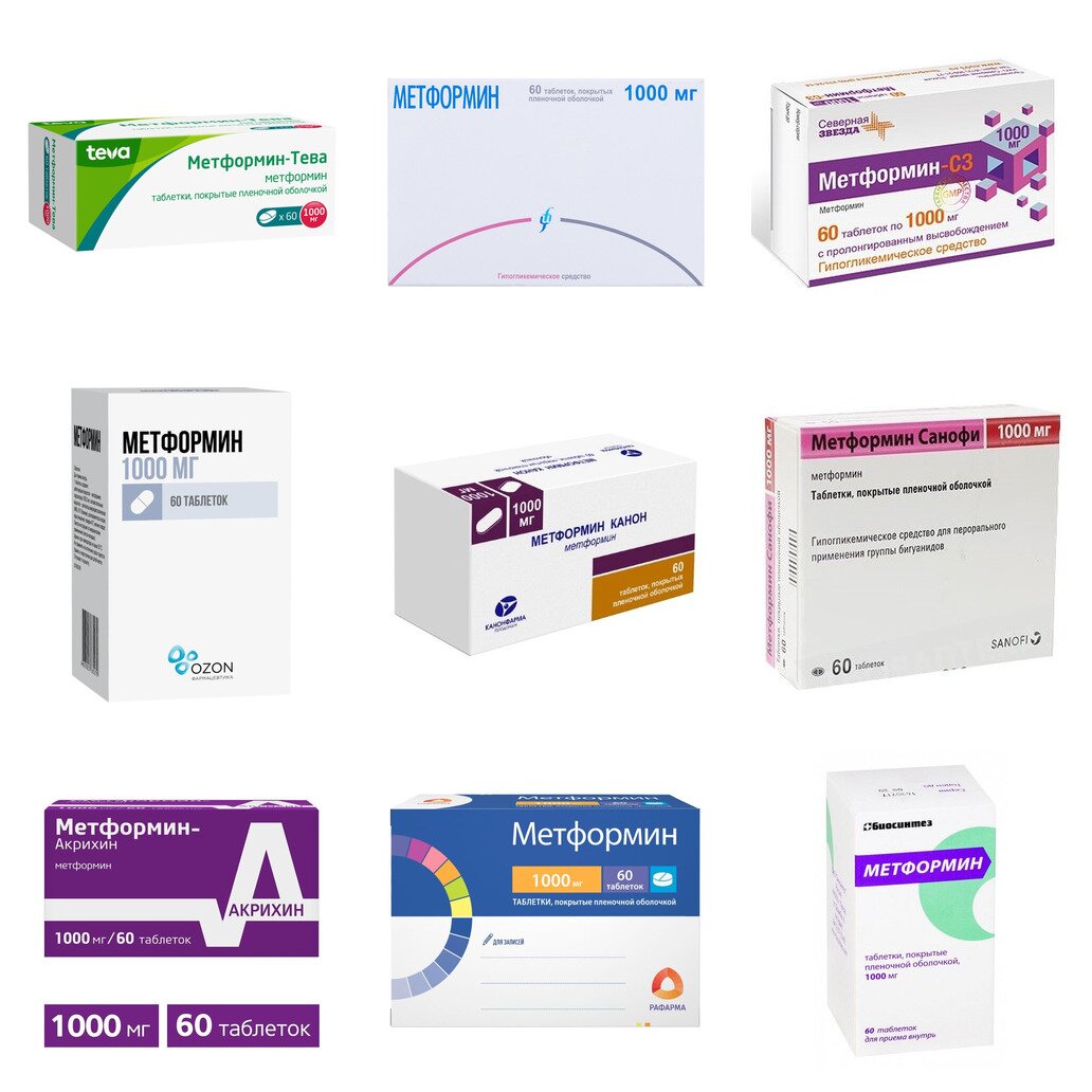 Метформин таблетки 1000 мг 60 шт. (любой производитель)