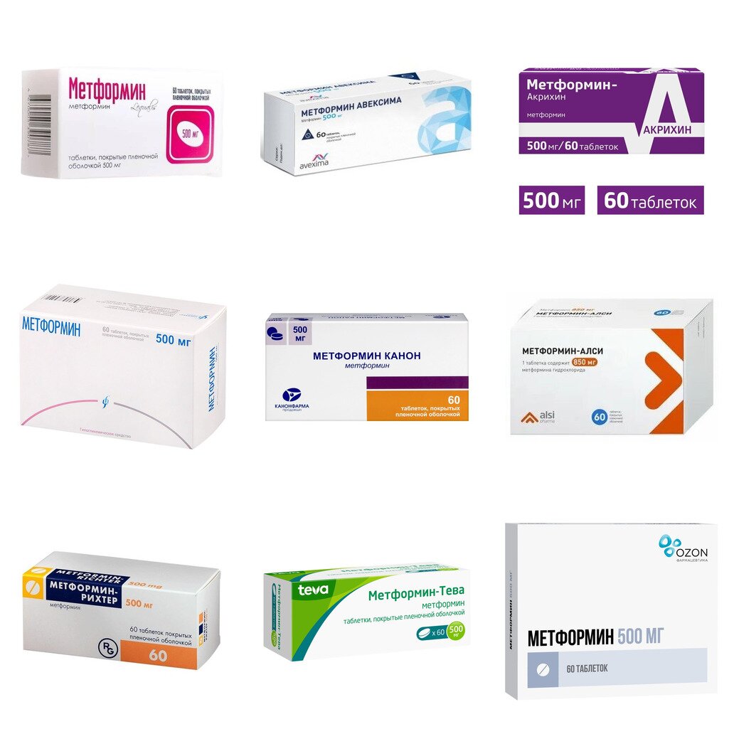 Метформин таблетки 500 мг 60 шт. (любой производитель)