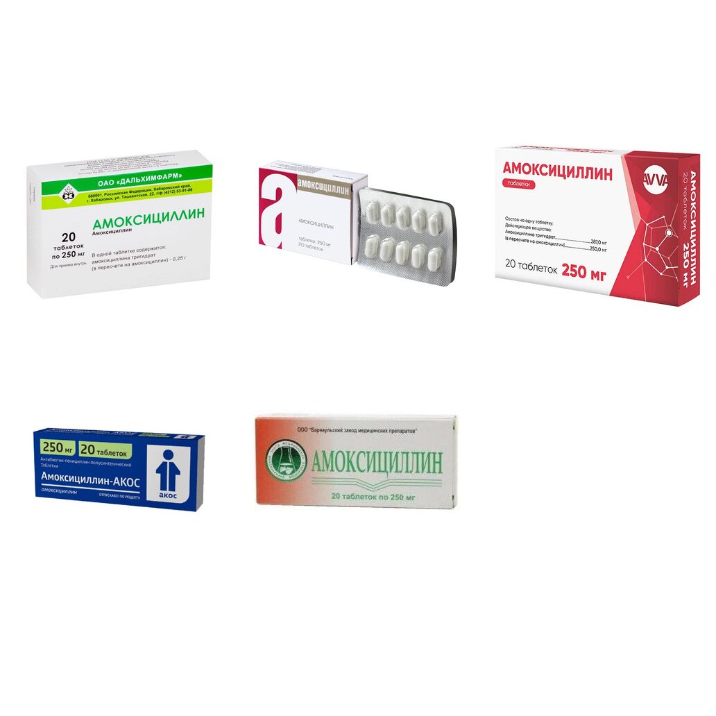 Амоксициллин таблетки 250 мг 20 шт. (любой производитель)