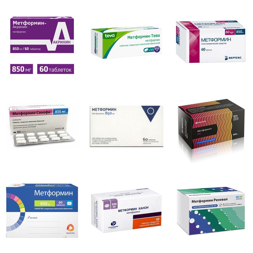 Метформин таблетки 850 мг 60 шт. (любой производитель)