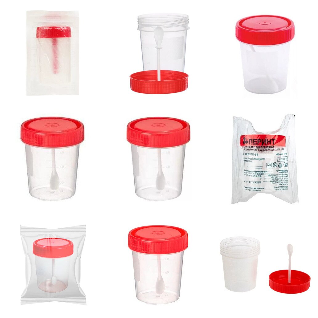 Контейнер для биоматериалов стерильный с ложкой 60 мл (любой производитель)