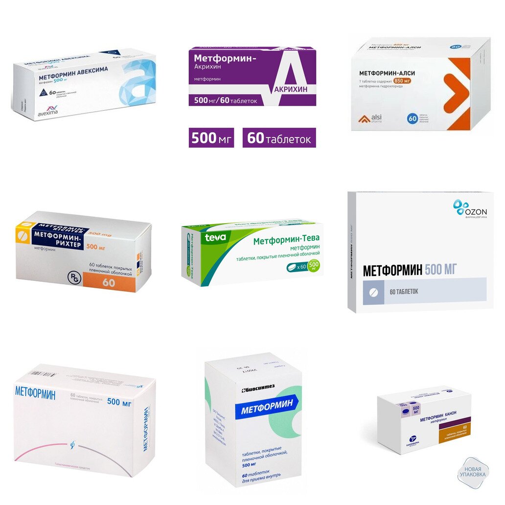 Метформин таблетки 500 мг 60 шт. (любой производитель)