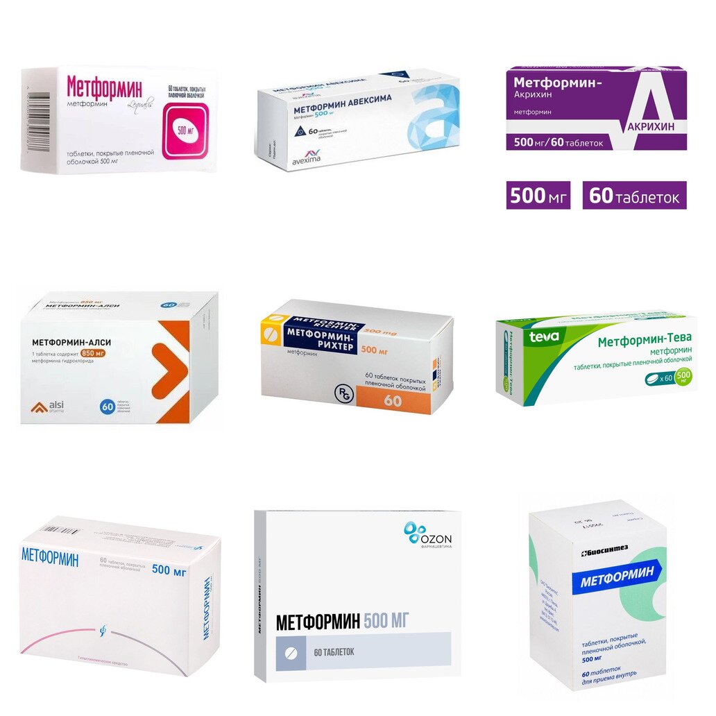 Метформин таблетки 500 мг 60 шт. (любой производитель)