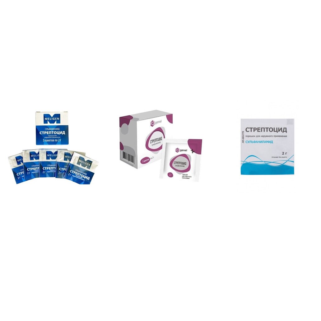 Стрептоцид порошок для наружного применения 2 г пакет 5 шт. (любой производитель)